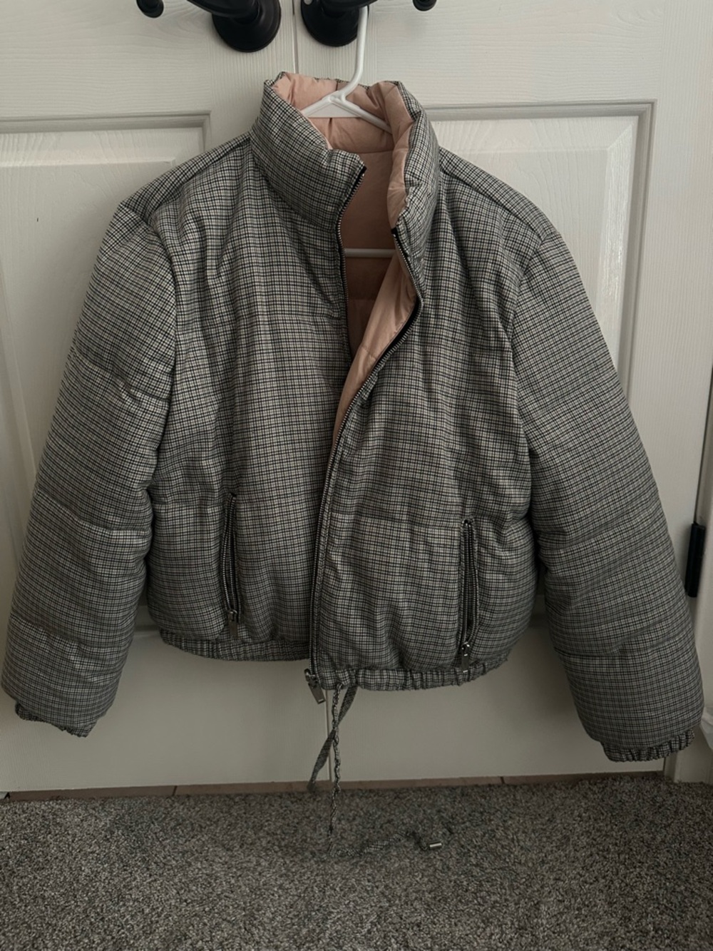 American Eagle Plaid and Pink Reversible Cropped Puffer Jacket